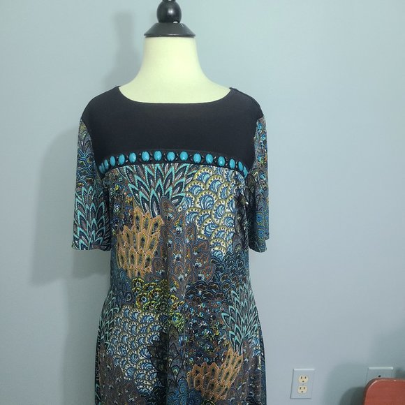 Adorable Colorful Perception Concept Dress Aqua Black Jeweled Bodice Wrinklefree - Picture 1 of 5